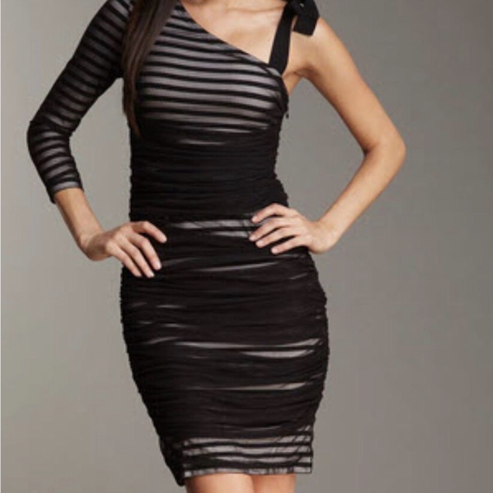 BCBGMaxAzria Black One-Shoulder Sheer-Striped Bodycon Dress